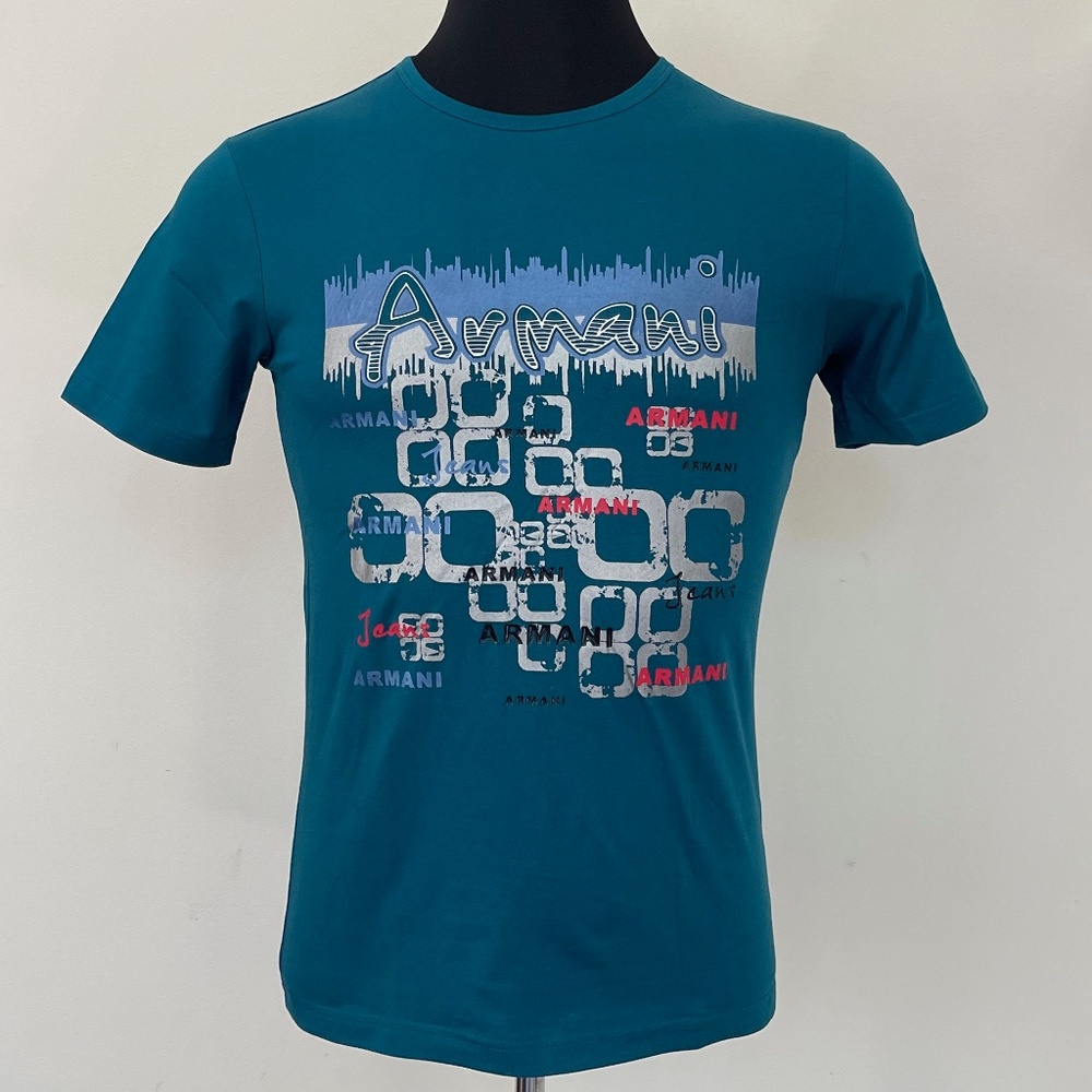 Armani Jeans Graphic T Shirt Men’s Size M Made in Italy Stretch Cotton Teal